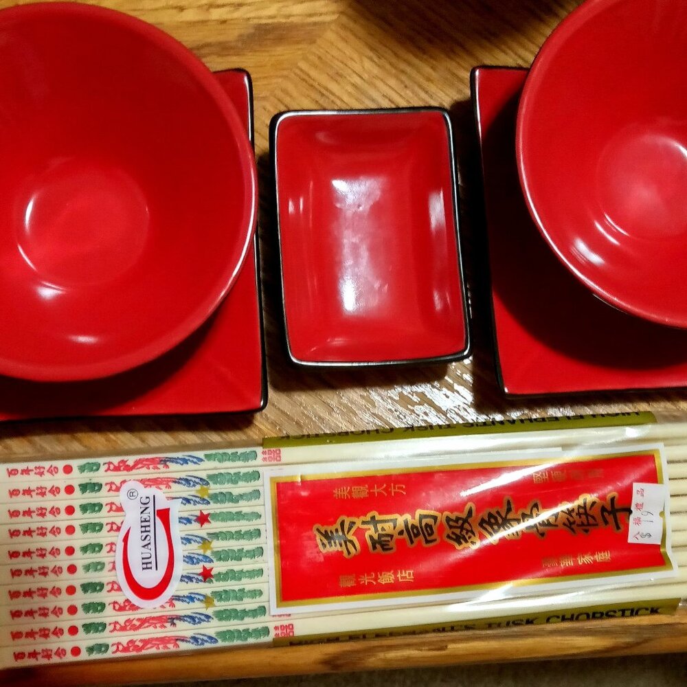 Oriental Soup Bowl and Plate Set with Chopsticks